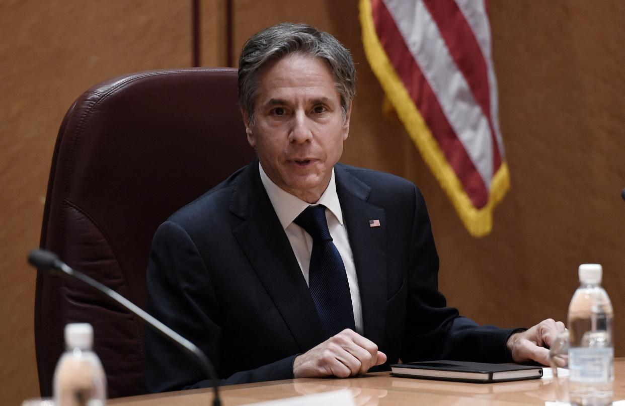 Secretary of State Antony Blinken attends a meeting with his German counterpart at Ramstein Air Base in Germany on September 8, 2021. (Olivier Douliery/Pool/AFP via Getty Images)