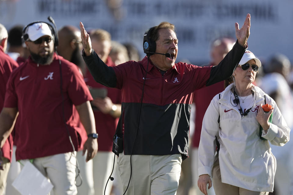 Alabama head coach Nick Saban argues a call during the first half in the Rose Bowl CFP NCAA semifinal college football game against Michigan, Monday, Jan. 1, 2024, in Pasadena, Calif. (AP Photo/Mark J. Terrill)