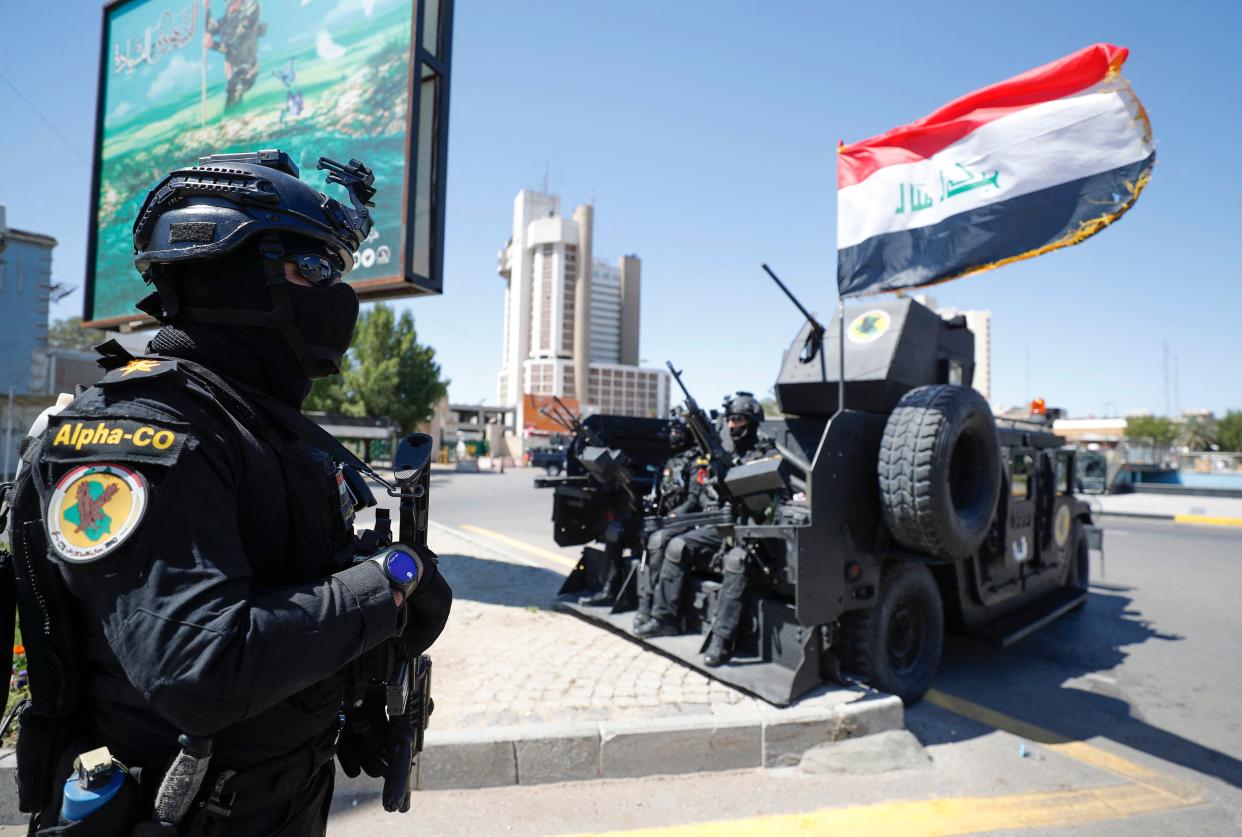 Members of the Iraqi Counter-terrorism Service (ICTS) are deployed in the streets of the capital Baghdad on March 27, 2021, days after a military parade by an armed faction loyal to Iran. (Ahmad Al-Rubaye/AFP via Getty Images)