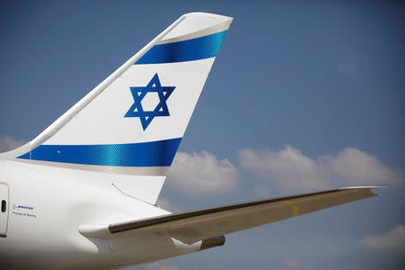 FILE PHOTO: An Israeli flag is seen on the first of Israel's El Al Airlines order of 16 Boeing 787 Dreamliner jets, as it lands at Ben Gurion International Airport, near Tel Aviv, Israel August 23, 2017. REUTERS/Amir Cohen/File Photo