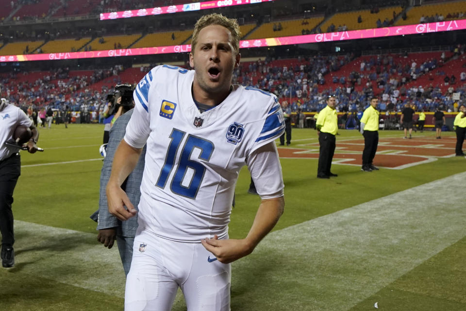 Detroit Lions quarterback Jared Goff celebrates as he runs off the field following an NFL football game against the Kansas City Chiefs Thursday, Sept. 7, 2023, in Kansas City, Mo. The Lions won 21-20. (AP Photo/Ed Zurga)