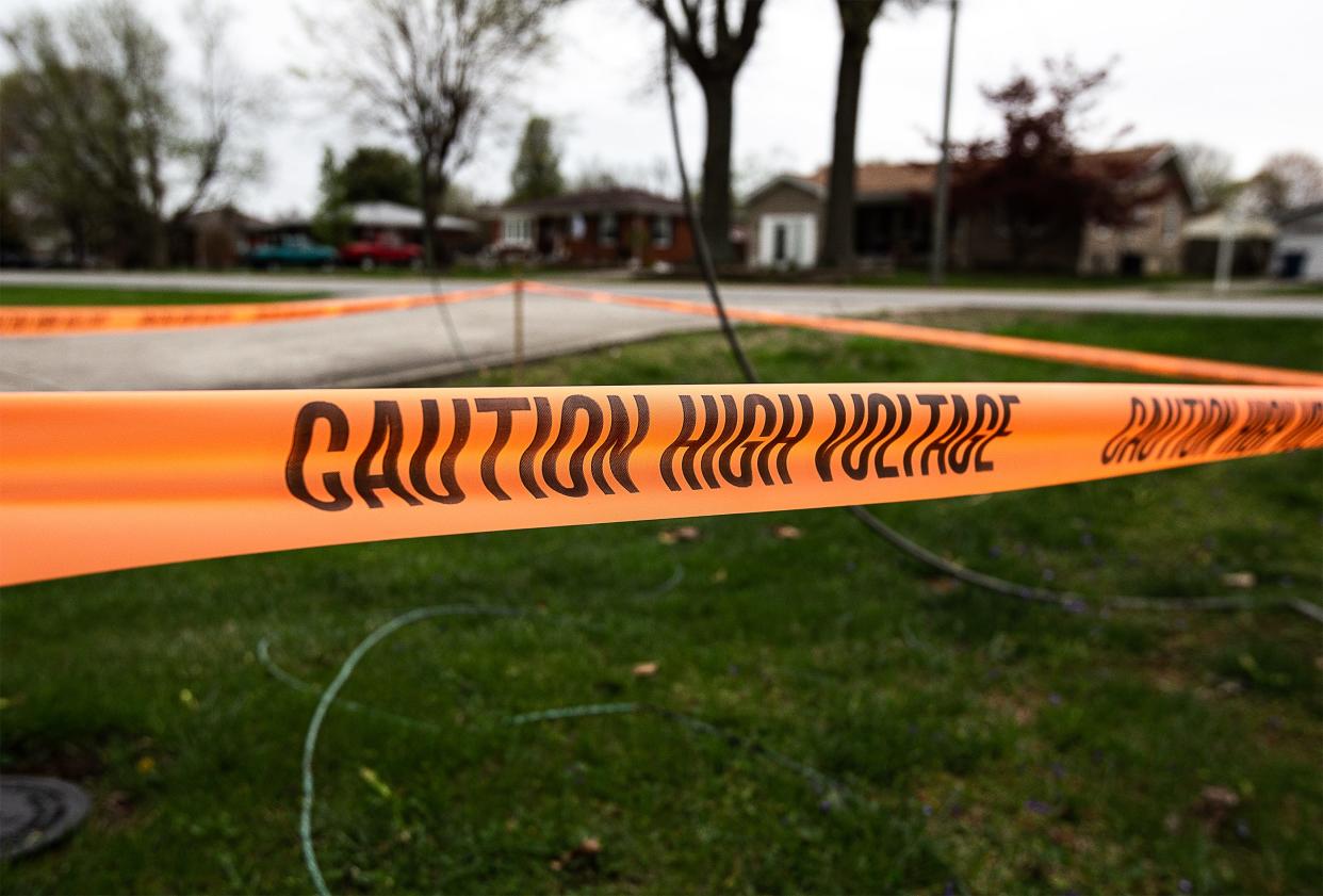 Caution tape surrounded downed power lines on Terry Road in Southwest Jefferson Co. on Thursday morning, the day after storms blew through the area, leaving thousands without power. April 6, 2023