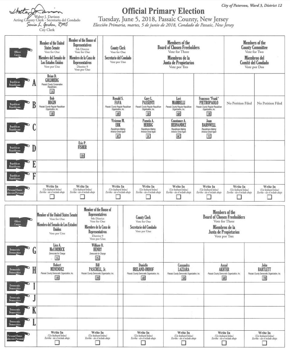 A primary election ballot from Paterson, N.J.