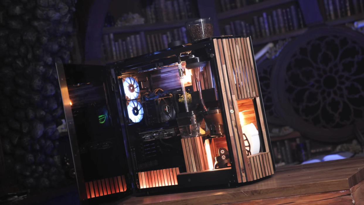  A screenshot of a Nerdforge custom PC video, showing a PC with an integrated coffee machine. 