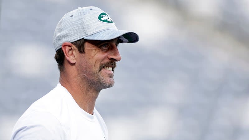 New York Jets quarterback Aaron Rodgers (8) warms up before a preseason NFL football game against the Tampa Bay Buccaneers on Saturday, Aug. 19, 2023, in East Rutherford, N.J. The New York Times reported that Rodgers is on the "shortlist" for presidential candidate Robert F. Kennedy's VP choice.