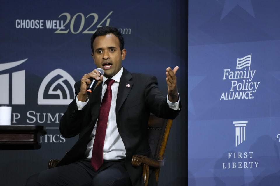 FILE - Republican presidential candidate businessman Vivek Ramaswamy speaks during the Family Leadership Summit, Friday, July 14, 2023, in Des Moines, Iowa. (AP Photo/Charlie Neibergall, File)