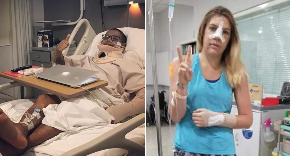 Michael Lythcott (left) and Stacey Eno (right) are recovering after a Facebook post saved their lives after a scooter accident in Bali