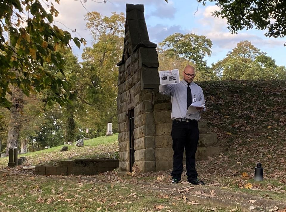Robert Kehl tells a tale of the horrifying history of Coshocton at a special Halloween presentation in 2021 at Oak Ridge Cemetery. A new edition will be at 5:45 p.m. Halloween night through the Coshocton County District Library.