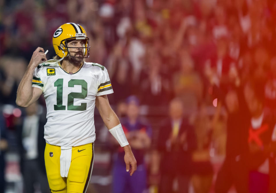 Oct 28, 2021; Glendale, Arizona, USA; Green Bay Packers quarterback Aaron Rodgers (12) reacts against the Arizona Cardinals at State Farm Stadium. Mandatory Credit: Mark J. Rebilas-USA TODAY Sports