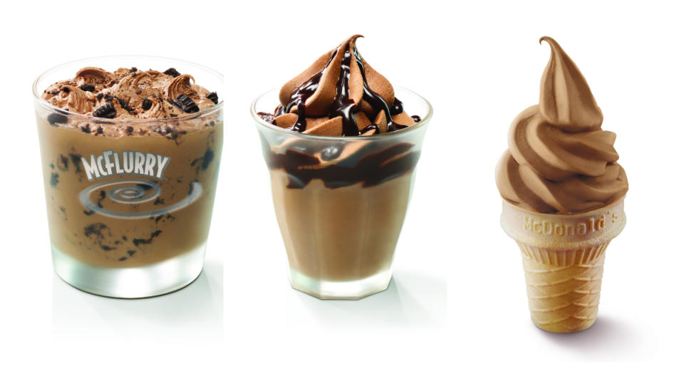 From left to right: The new Chocolatey McFlurry, Chocolatey Sundae, and Chocolatey Cone. (PHOTOS: McDonald’s Singapore)