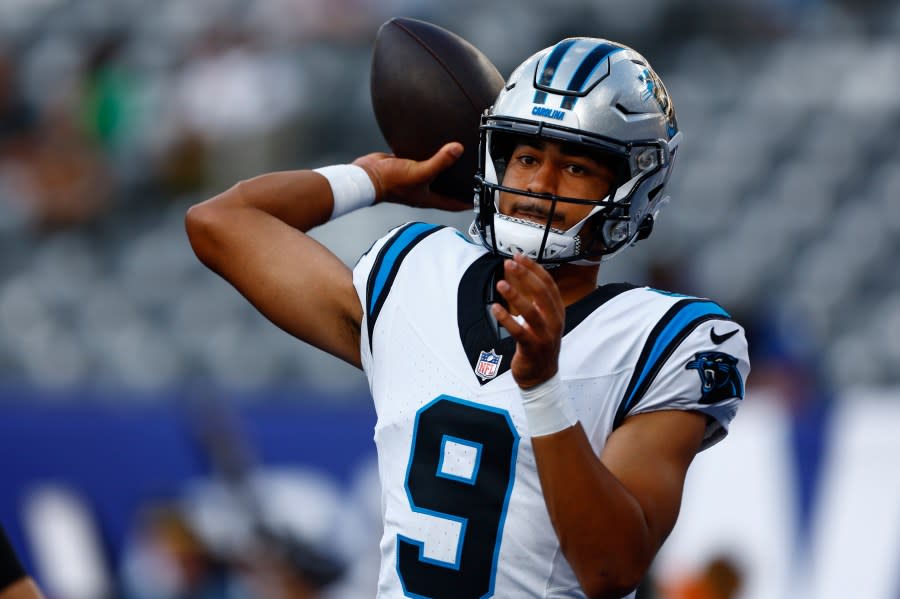 Bryce Young #9 of the Carolina Panthers warms up before a pre-season football game against the New York Giants at MetLife Stadium on August 18, 2023 in East Rutherford, New Jersey. (Photo by Rich Schultz/Getty Images)