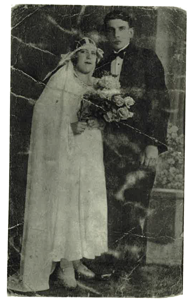 Leah and Duvid Gingold on their wedding day in Warsaw, Poland, in the early 1930s. They were very poor so the suit and wedding dress were borrowed.