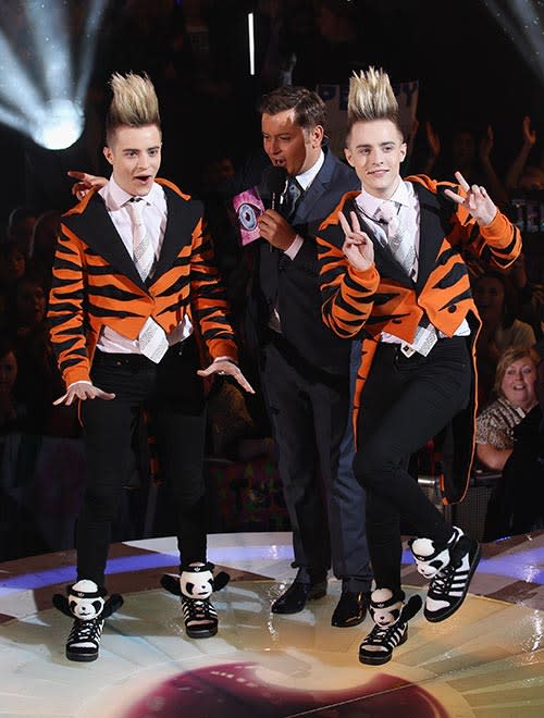 <b>Celebrity Big Brother 2011: Jedward</b><br><br>Former X Factor contestants John and Edward Grimes arrived for CBB 2011 wearing bizarre tiger suit jackets with panda trainers complete with their signature quiff hairdo.<br>© Getty