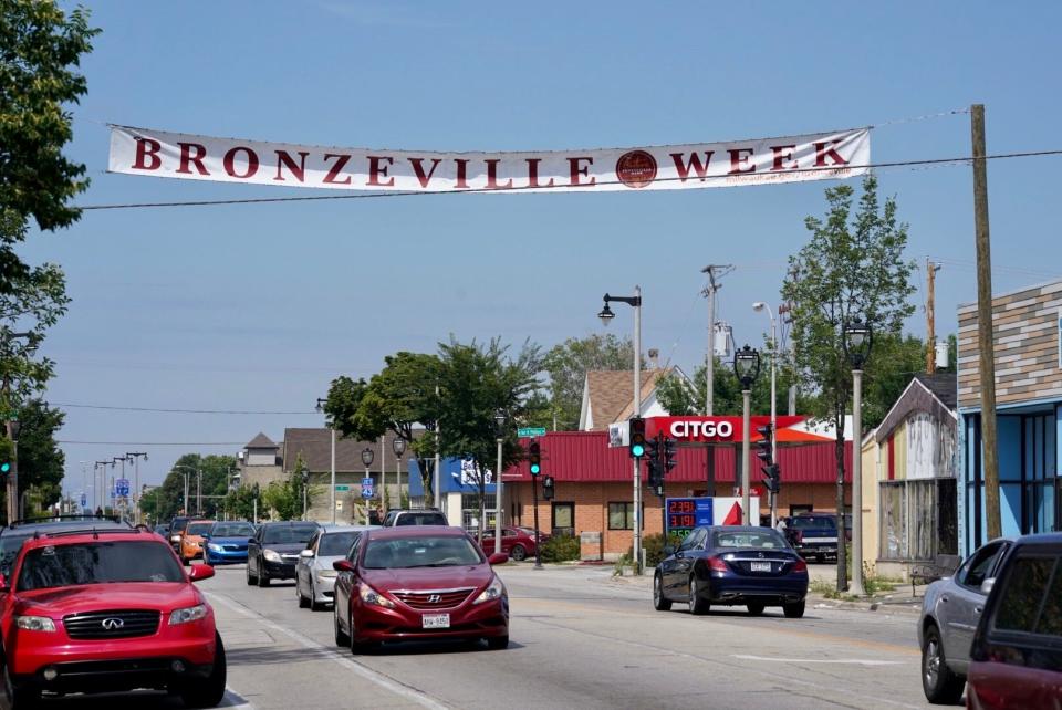 A banner hangs across North Avenue near King Drive as part of Bronzeville Week, celebrating the historically African American Milwaukee neighborhood, which continued its celebration in 2020 despite the coronavirus.