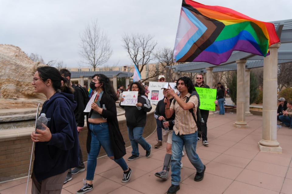 WT students protest for a second day Wednesday in response to university president's cancellation and comments about an on-campus drag show in Canyon, Texas.