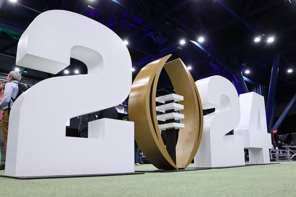 Jan 6, 2024; Houston, TX, USA; A general view of the 2024 College Football Playoff logo during media day before the College Football Playoff national championship game between the Michigan Wolverines and the Washington Huskies at George R Brown Convention Center. Mandatory Credit: Troy Taormina-USA TODAY Sports