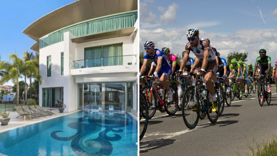 Billionaire Clive Palmers mansion home and bike riders on a road.