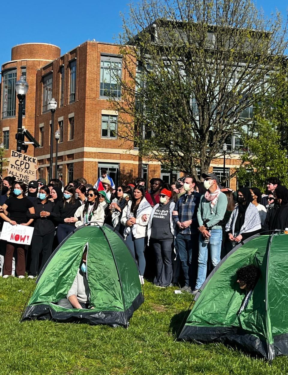 Students set up tents amid protest, mirroring those used by refugees in Gaza, to protest the university's investment in Israeli companies.