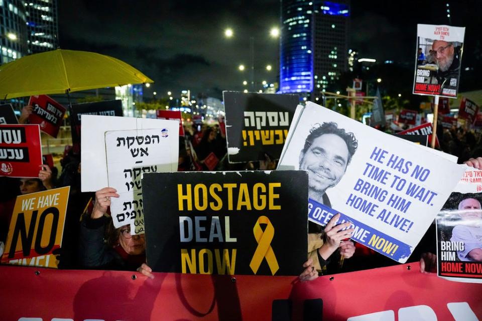 Israeli women demand the immediate release of the Israeli hostages held in the Gaza Strip by the Hamas militant group at a protest in Tel Aviv, Israel, Thursday, Feb. 1, 2024. Israel says Hamas is still holding more than 100 people it captured in an Oct. 7 raid that triggered the current war with Israel.