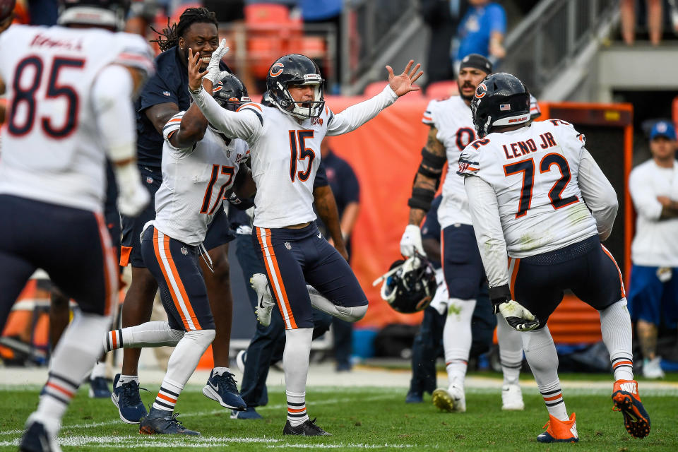 DENVER, CO - SEPTEMBER 15:  Eddy Pineiro #15 of the Chicago Bears celebrates after kicking a fourth quarter game-winning field goal against the Denver Broncos at Empower Field at Mile High on September 15, 2019 in Denver, Colorado. (Photo by Dustin Bradford/Getty Images)