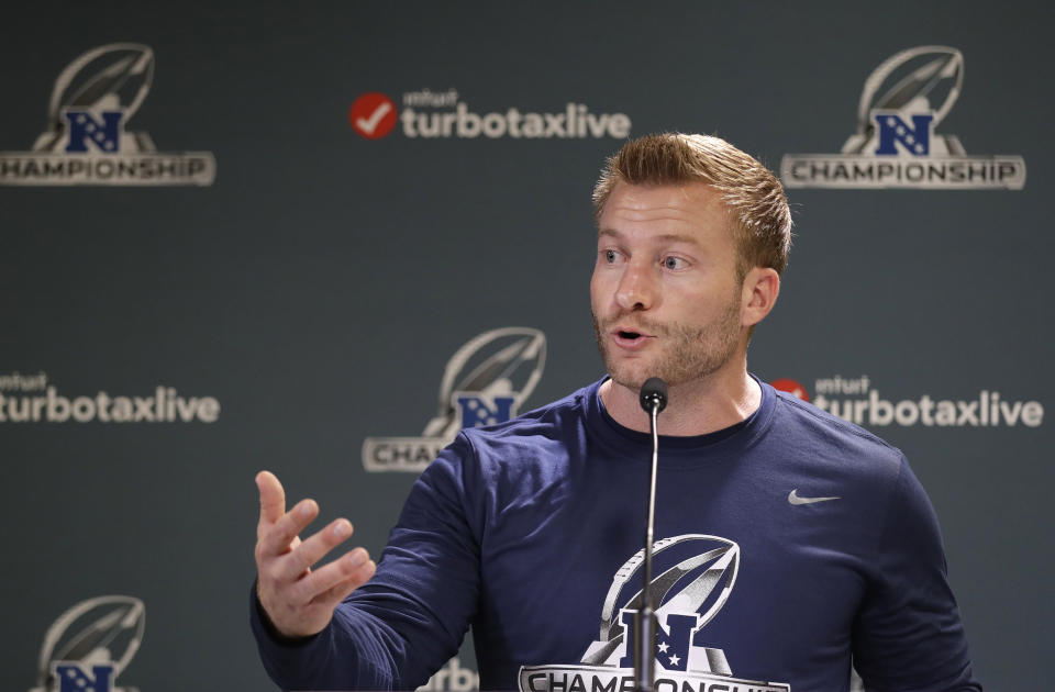 Los Angeles Rams head coach Sean McVay addresses the media during an NFL football press conference Wednesday, Jan. 16, 2019, in Thousand Oaks, Calif. The Rams face the New Orleans Saints in the NFC Championship on Sunday. (AP Photo/Marcio Jose Sanchez)