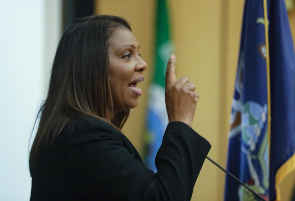 New York State Attorney General Letitia James speaks during a commemoration Dec. 14, 2022 of the 2019 Monsey machete attack that occurred at a rabbi's Hanukkah Party. The commemoration took place at Ramapo Town Hall. 