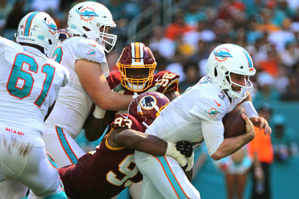 Oct 13, 2019; Miami Gardens, FL, USA; Miami Dolphins quarterback Josh Rosen (3) gets sacked by Washington Redskins defensive end <a class="link " href="https://sports.yahoo.com/nfl/players/30130" data-i13n="sec:content-canvas;subsec:anchor_text;elm:context_link" data-ylk="slk:Jonathan Allen;sec:content-canvas;subsec:anchor_text;elm:context_link;itc:0">Jonathan Allen</a> (93). Mandatory Credit: Sam Navarro-USA TODAY Sports
