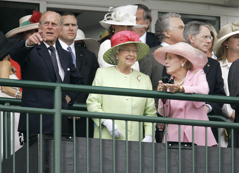 FILE - Queen Elizabeth II and Prince Philip attend the 133rd Kentucky Derby at Churchill Downs in Louisville, Ky., Saturday, May 5, 2007. The first Saturday in May is Derby Day with all its accompanying pageantry. (AP Photo/Rob Carr, File)
