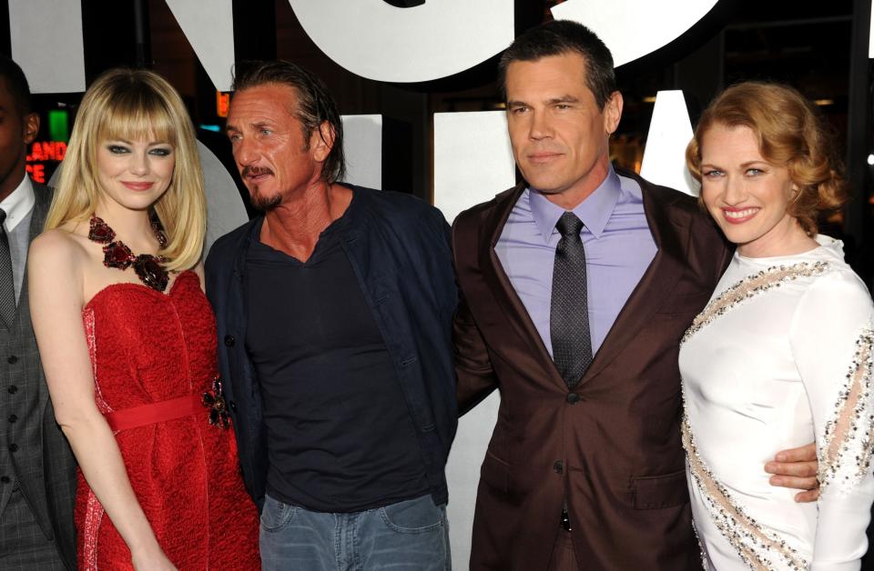 HOLLYWOOD, CA - JANUARY 07: (L-R) Actors Emma Stone, Sean Penn, Josh Brolin and Mireille Enos arrive at Warner Bros. Pictures' "Gangster Squad" premiere at Grauman's Chinese Theatre on January 7, 2013 in Hollywood, California. (Photo by Kevin Winter/Getty Images)