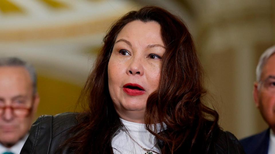 PHOTO: In this March 15, 2023, file photo, Sen. Tammy Duckworth talks to reporters during a news conference at the U.S. Capitol in Washington, D.C. (Chip Somodevilla/Getty Images, FILE)