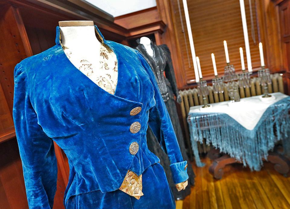 A blue silk velvet two-piece dress with a gold brocade vest from 1885 is part of the exhibit "Flounces, Furbelows and Fripperies: The Gilded Age in Cohasset," which will open Jan. 14 at the Cohasset Historical Society at 104 S. Main St.