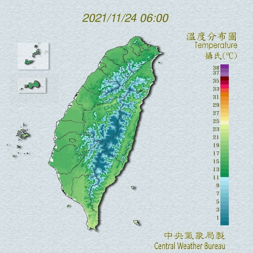 今天清晨中部以北、東北部低溫15、16度，其他地區17度。（氣象局提供） 