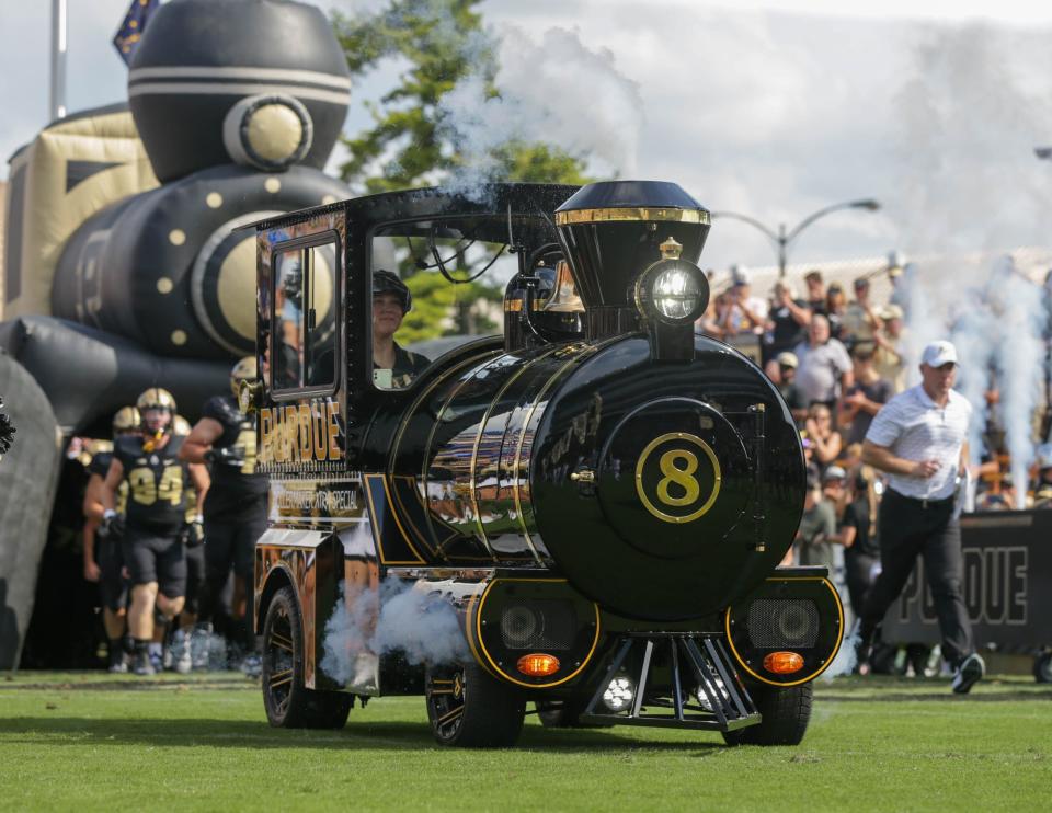 The Boilermaker Special leads the Purdue Boilermakers onto the field before the NCAA football game, Saturday, Sept. 10, 2022, at Ross-Ade Stadium in West Lafayette, Ind.
