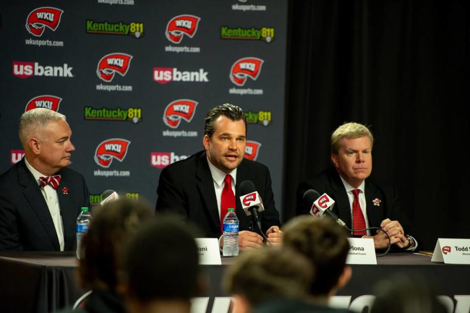 New Western Kentucky University men’s basketball coach Hank Plona, center, says, “the first two to three weeks after getting the job (were) a whirlwind. Just getting your feet under you.”