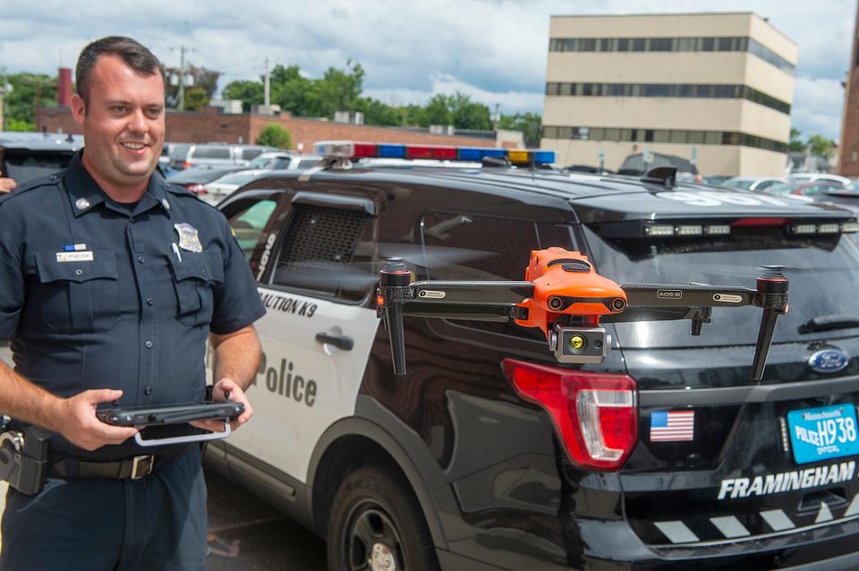 Framingham police officer Ryan Porter demonstrates the new Autel Robotics drone, Aug. 11, 2022.