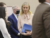 Gwyneth Paltrow leaves court during the lawsuit trial of Terry Sanderson vs. Gwyneth Paltrow, Tuesday, March 28, 2023, in Park City, Utah. Paltrow is accused in a lawsuit of crashing into a skier during a 2016 family ski vacation, leaving him with brain damage and four broken ribs. (Jeffrey D. Allred/The Deseret News via AP, Pool)