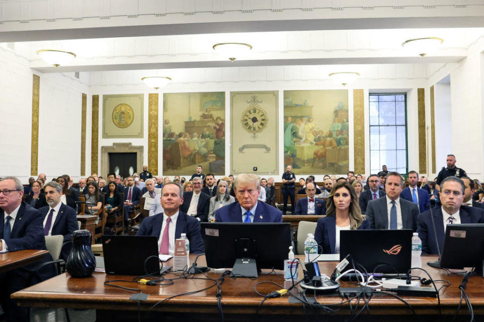 Former President Donald Trump attends the trial of himself, his adult sons, the Trump Organization, and others in a civil fraud case at the New York State Supreme Court in New York City on Oct. 2, 2023. / Credit: BRENDAN MCDERMID / Getty Images