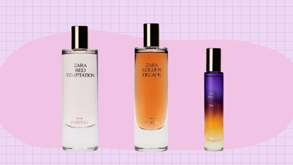  ZARA perfume dupes pictured on a light pink oval with a purple template 