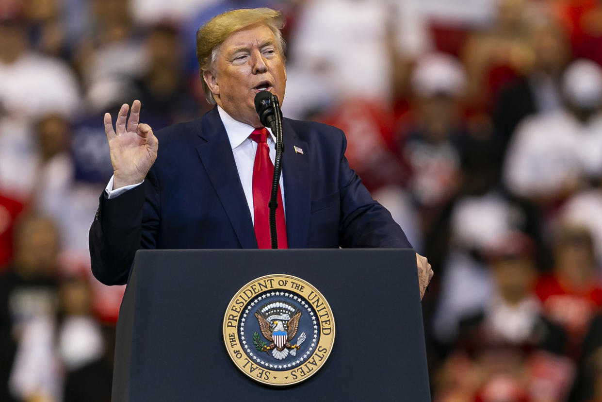 President Donald Trump during his "homecoming" rally at the BBT Center in Sunrise, Fla., on Tuesday, Nov. 26, 2019. (Photo by Matias J. Ocner/Miami Herald/TNS/Sipa USA)