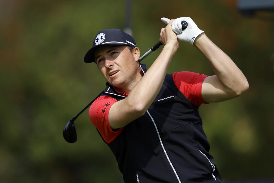 Jordan Spieth tees off on the fourth hole during the second round of the Genesis Invitational golf tournament at Riviera Country Club Friday, Feb. 16, 2024, in the Pacific Palisades area of Los Angeles. (AP Photo/Ryan Kang)