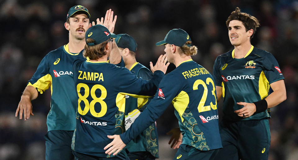 Adam Zampa celebrates a wicket with his Aussie teammates against England. Pic: Getty