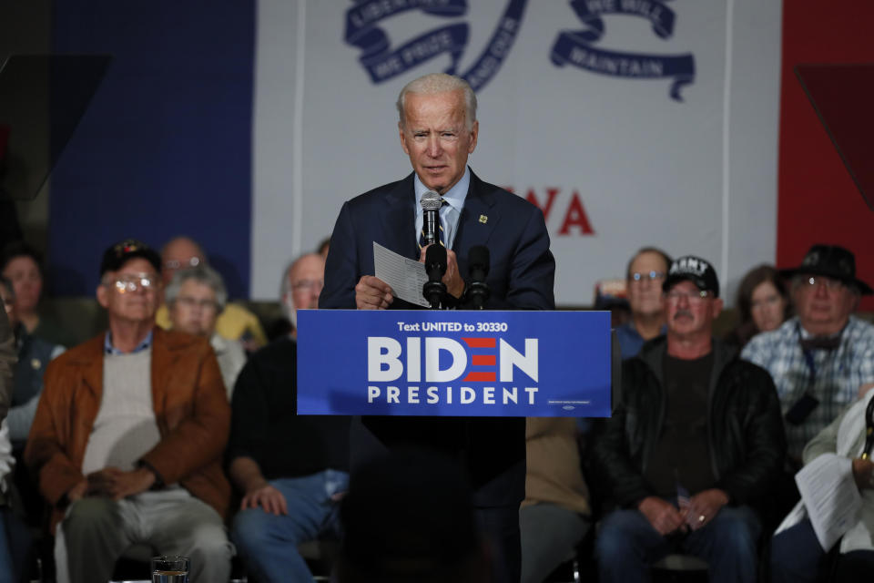 Democratic presidential candidate former Vice President Joe Biden speaks during a town hall meeting, Monday, Nov. 11, 2019, in Oskaloosa, Iowa. / Credit: Charlie Neibergall / AP