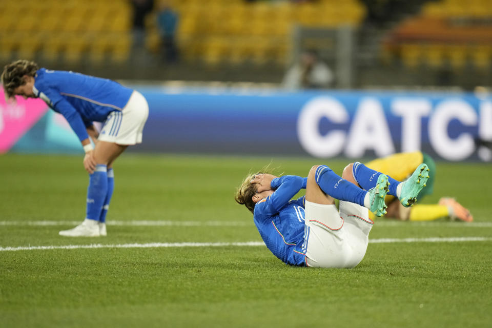 Italy's Cristiana Girelli reacts after loosing the Women's World Cup Group G soccer match between South Africa and Italy in Wellington, New Zealand, Wednesday, Aug. 2, 2023. (AP Photo/Alessandra Tarantino)