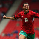 GLASGOW, SCOTLAND - JULY 26: Abdelaziz Barrada of Morocco celebrates after scoring his team 1st goal during the Men's Football first round Group D Match of the London 2012 Olympic Games between Honduras and Morocco , at Hampden Park on July 26, 2012 in Glasgow, Scotland. (Photo by Stanley Chou/Getty Images)