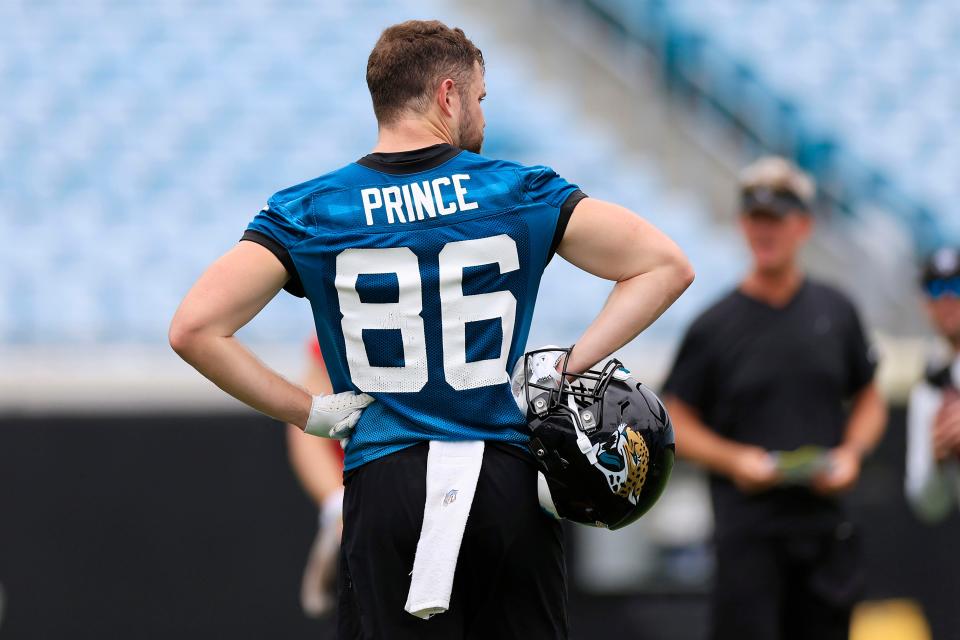 Jacksonville Jaguars tight end Gerrit Prince (86) looks on during the first day of a mandatory minicamp Monday, June 12, 2023 at TIAA Bank Field in Jacksonville, Fla. This is the first of a three day camp June 12-14. 