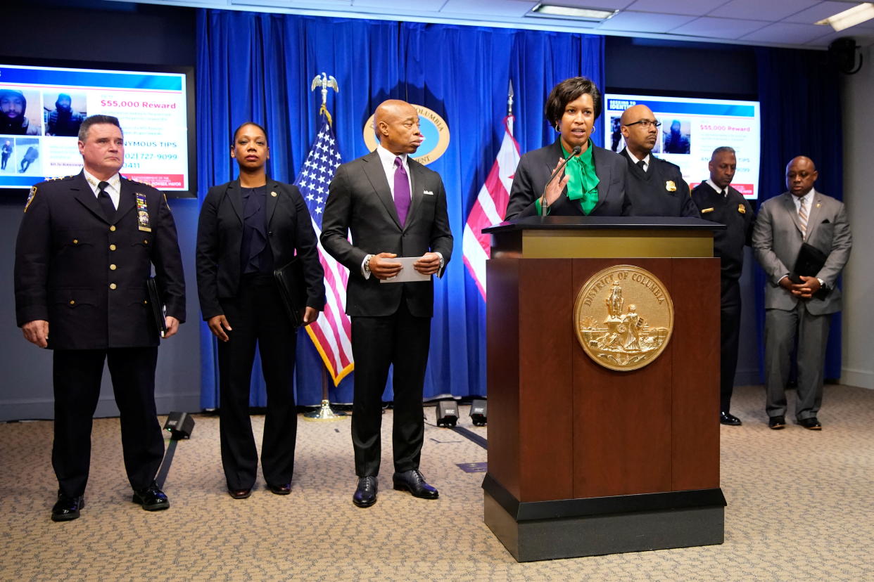 Washington Mayor Muriel Bowser speaks at a podium during a news conference.