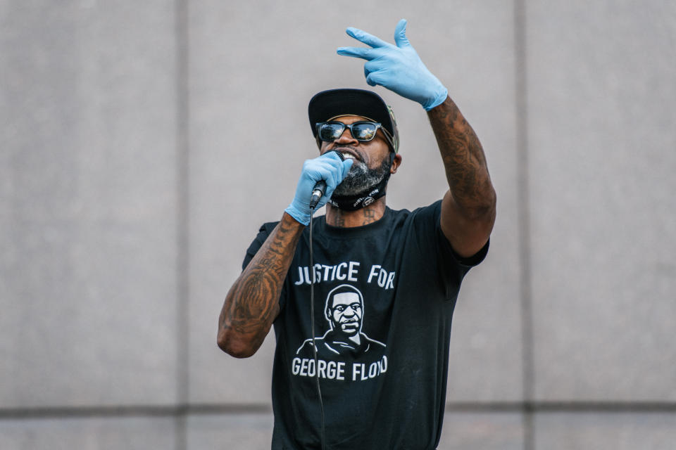 MINNEAPOLIS, MN - JUNE 11: Former NBA player Stephen Jackson, a friend of George Floyd's, speaks during a rally in front of the Hennepin County Government Center on June 11, 2020 in Minneapolis, Minnesota. The rally was a demand for police reform and justice for George Floyd and other black men and women who have been killed by law enforcement. (Photo by Brandon Bell/Getty Images)