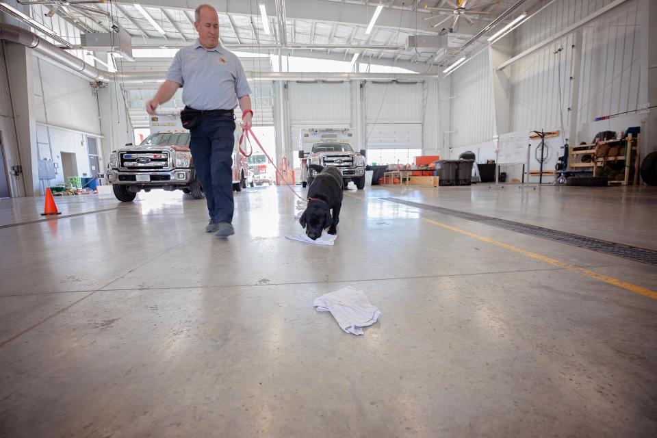 Capt. Eric Huntoon trains Yahtzee, the Des Moines Fire Department's new arson investigating dog.