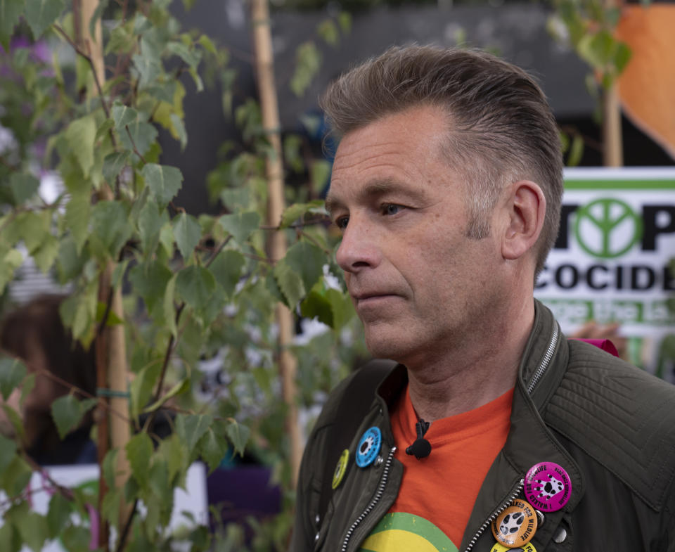 Chris Packham joins protesters demonstrating against the HS2 high speed railway outside the HS2 headquarters in London. (Photo by Giles Anderson/PA Images via Getty Images)