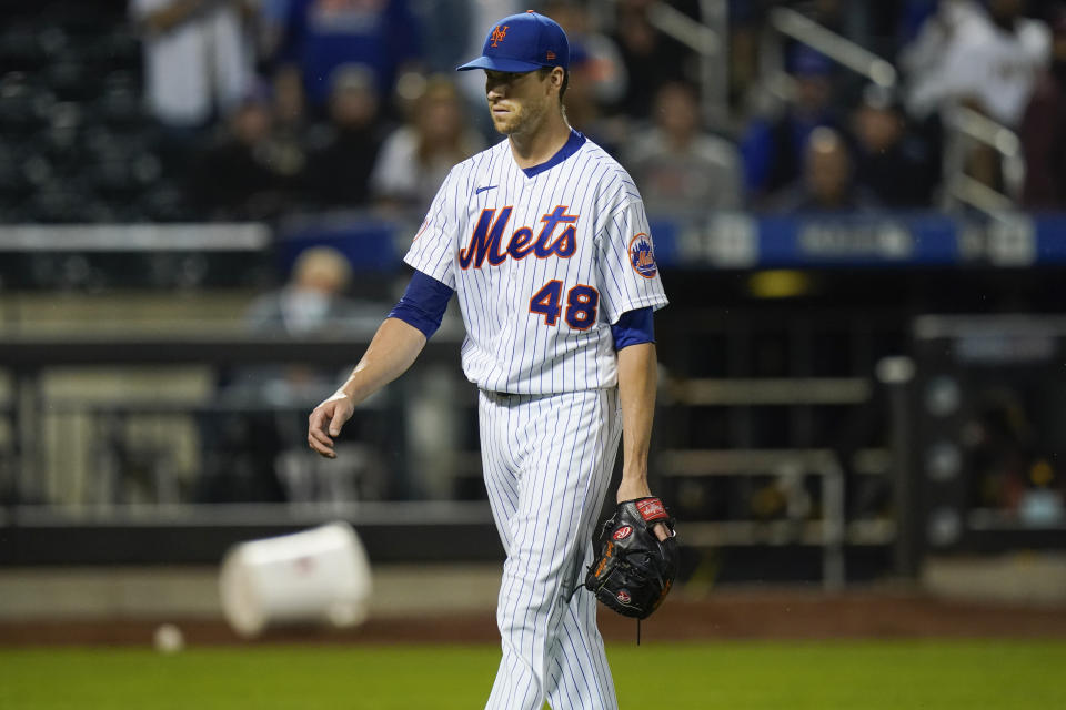 New York Mets starting pitcher Jacob deGrom (48) leaves the field during the fifth inning of a baseball game against the San Diego Padres, Friday, June 11, 2021, in New York. (AP Photo/Frank Franklin II)